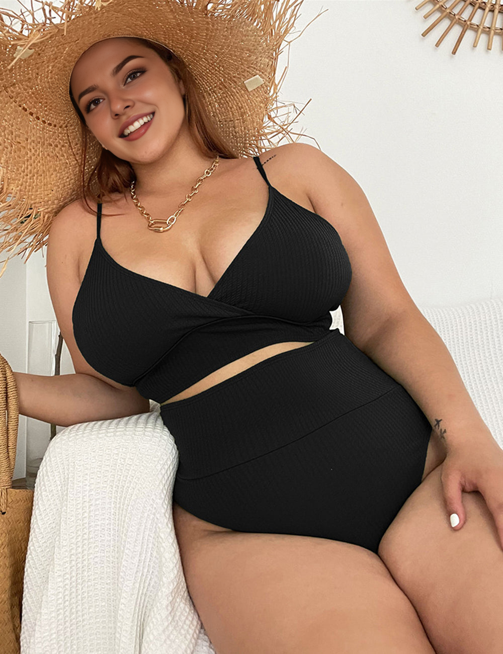 Women Plus Size Neckline Tie High Waist Sexy Bikini Swimsuit Two Piece Swimsuit