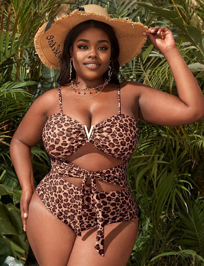 Women Plus Size Sexy One-Piece Leopard Swimsuit