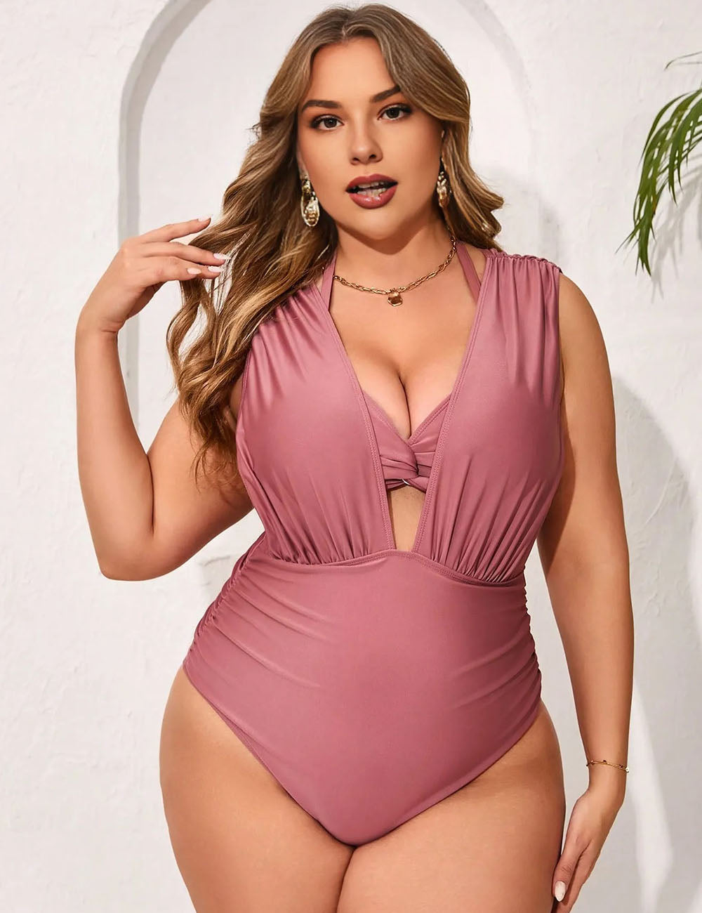 Women Plus Size High Elastic Solid Color One-Piece Swimsuit