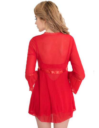 Women Plus Size Long Sleeve Red Lace Trim Robe With Thong