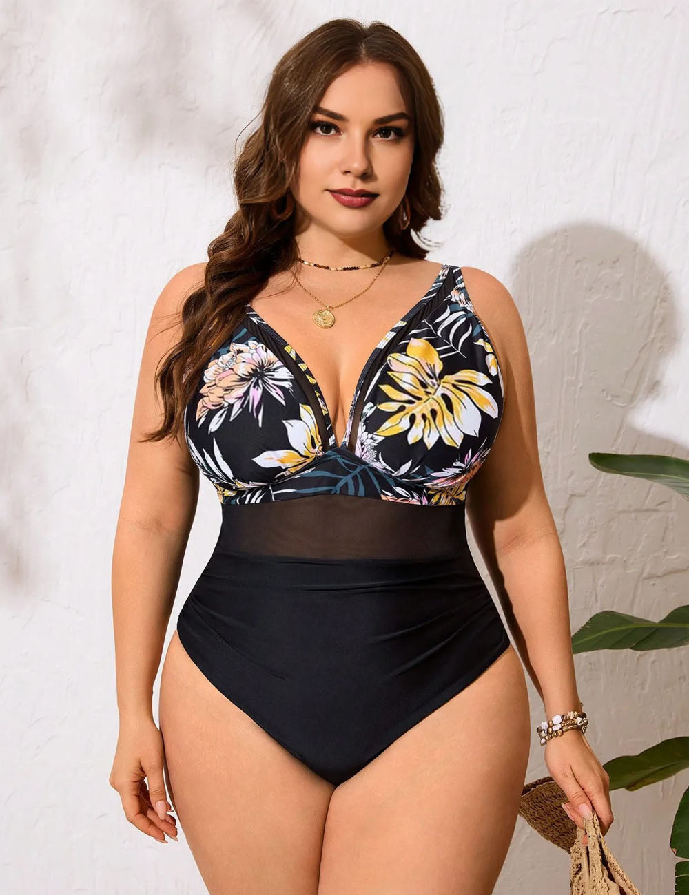 Women Plus Size One-Piece Black Printed Hollow Swimsuit