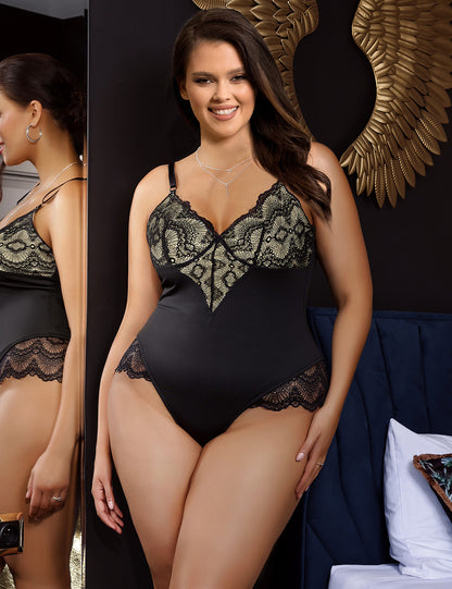 Women Plus Size Black Lace Patchwork Suspender Bodysuit