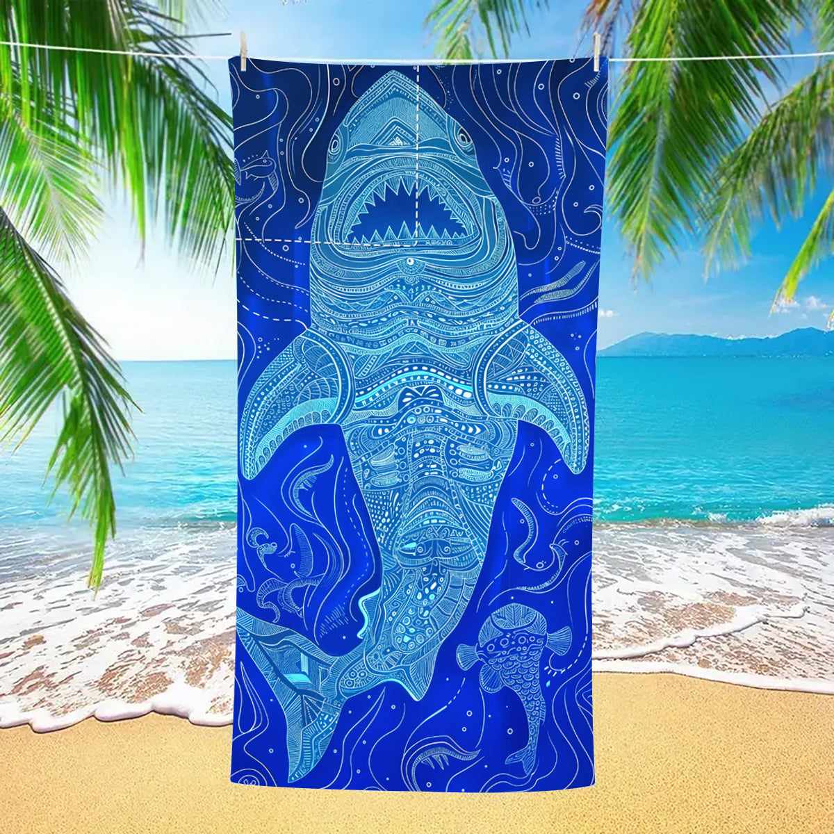 Blue Shark Drawstring Beach Towel | PRUSES