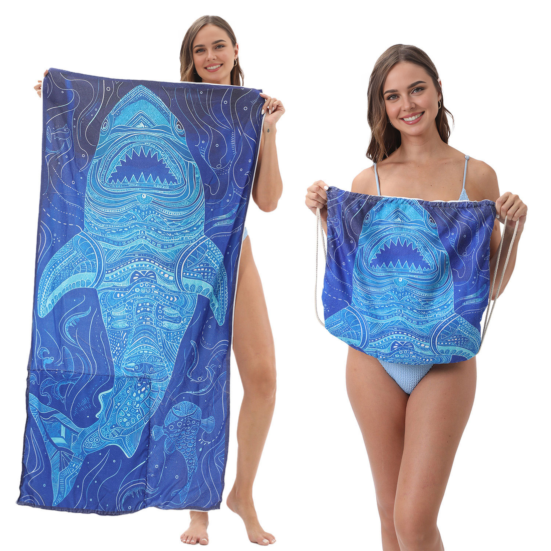 Blue Shark Drawstring Beach Towel | PRUSES