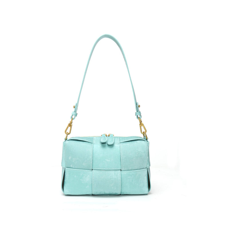 Blue Woven Leather Zipper Shoulder Square Handbags