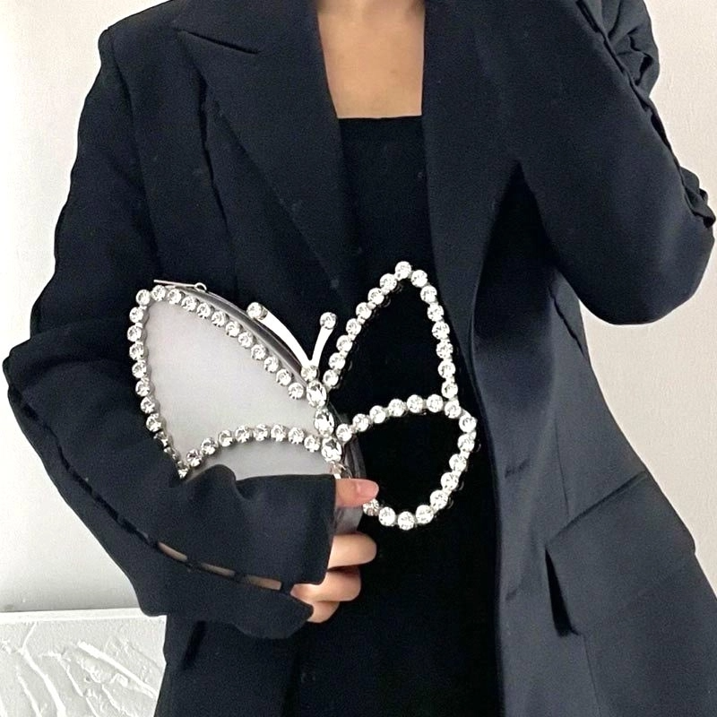 Grey Bow Rhinestone Round Clutch Handbags | PRUSES-1