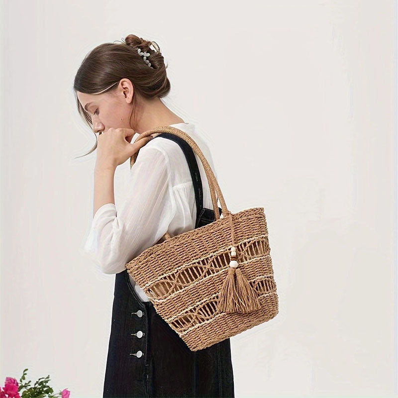 High quality hand-woven straw beach bag |PRUSES-4