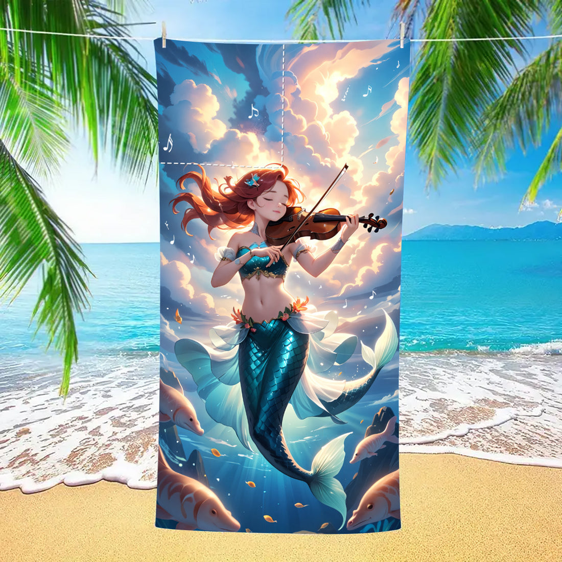 Mermaid Musician Drawstring Beach Towel | PRUSES-1