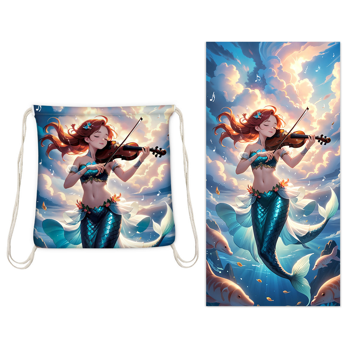 Mermaid Musician Drawstring Beach Towel | PRUSES-5