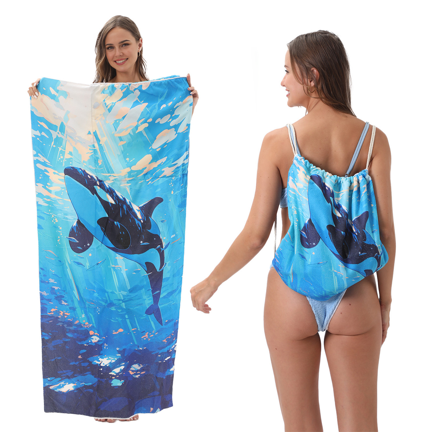 Ocean Killer Whale Drawstring Beach Towel | PRUSES-4