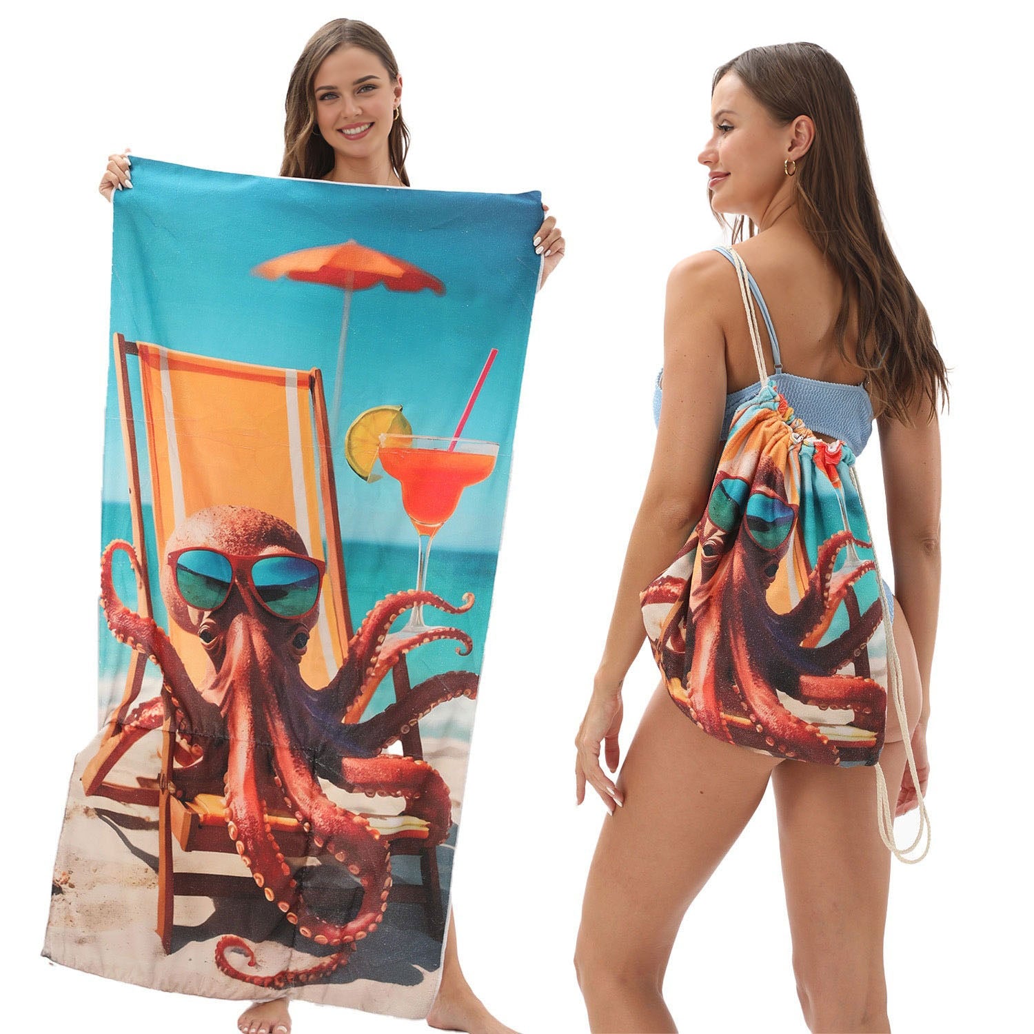 Octopus with sunglasses Drawstring Beach Towel | PRUSES-1