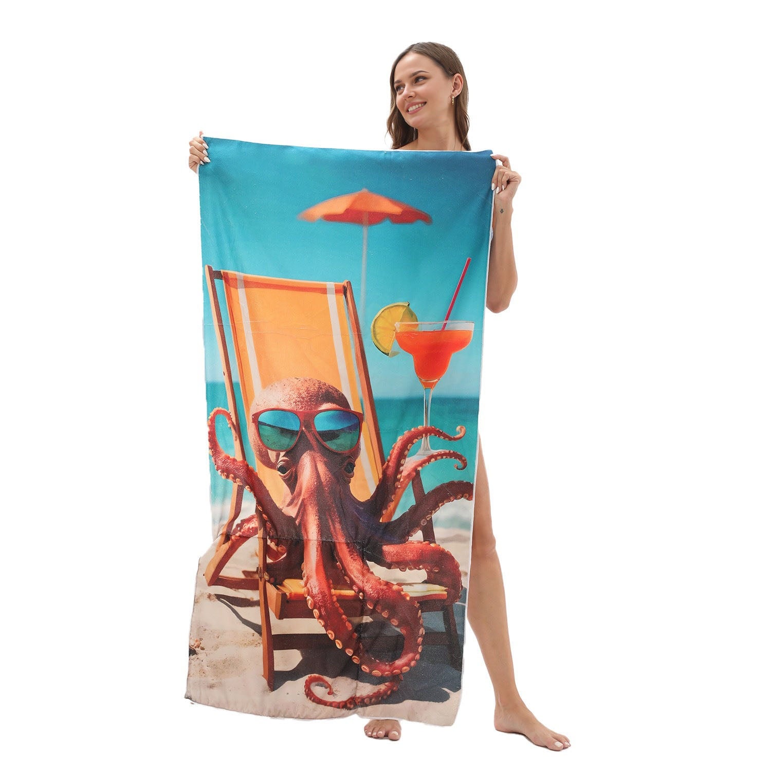 Octopus with sunglasses Drawstring Beach Towel | PRUSES-3