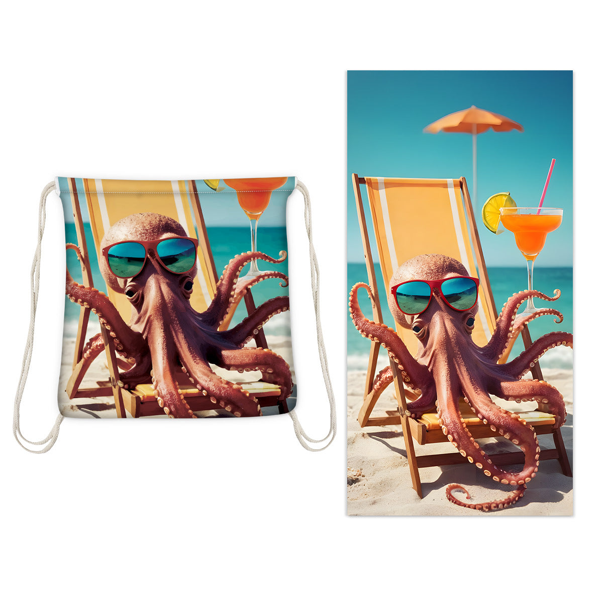 Octopus with sunglasses Drawstring Beach Towel | PRUSES-5