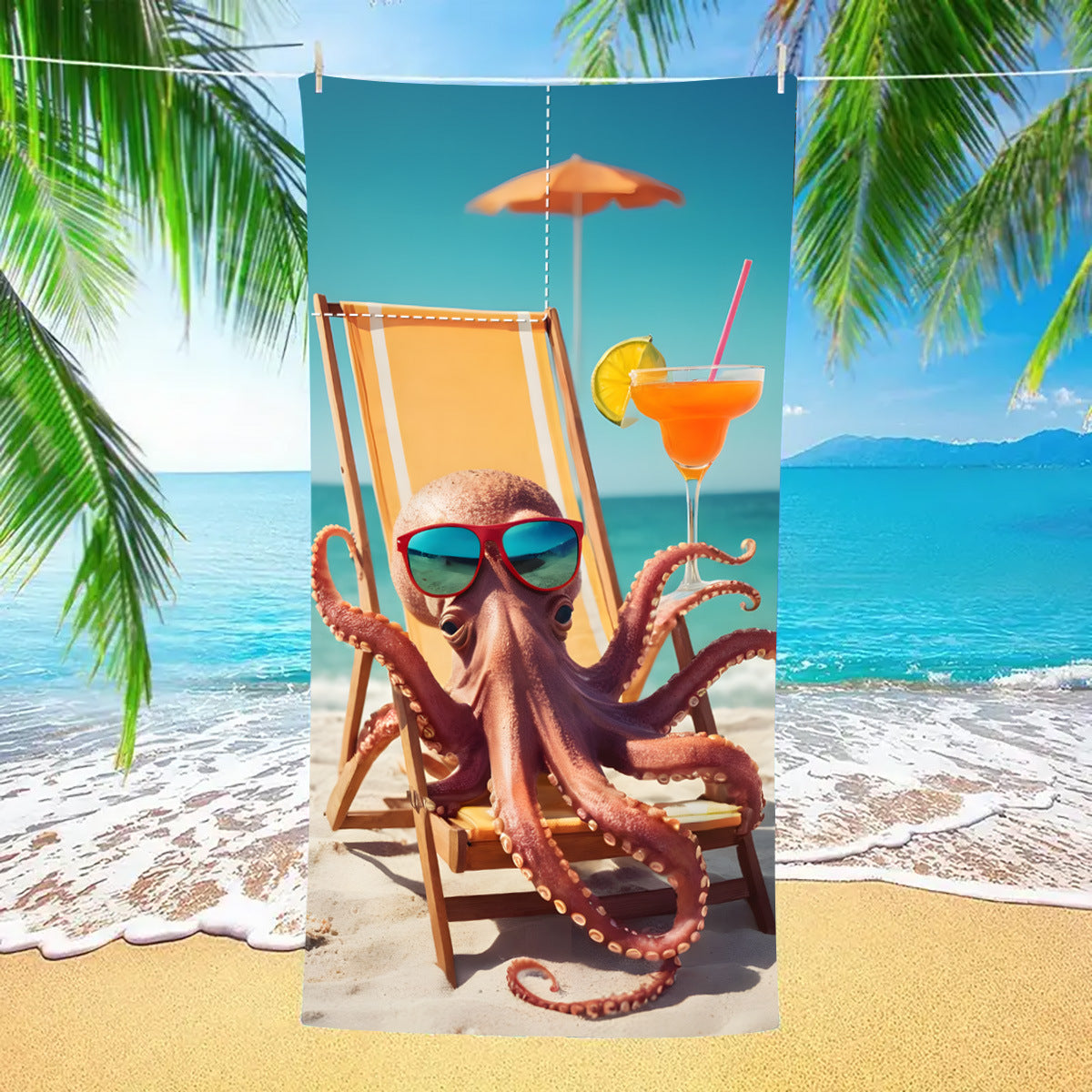 Octopus with sunglasses Drawstring Beach Towel | PRUSES