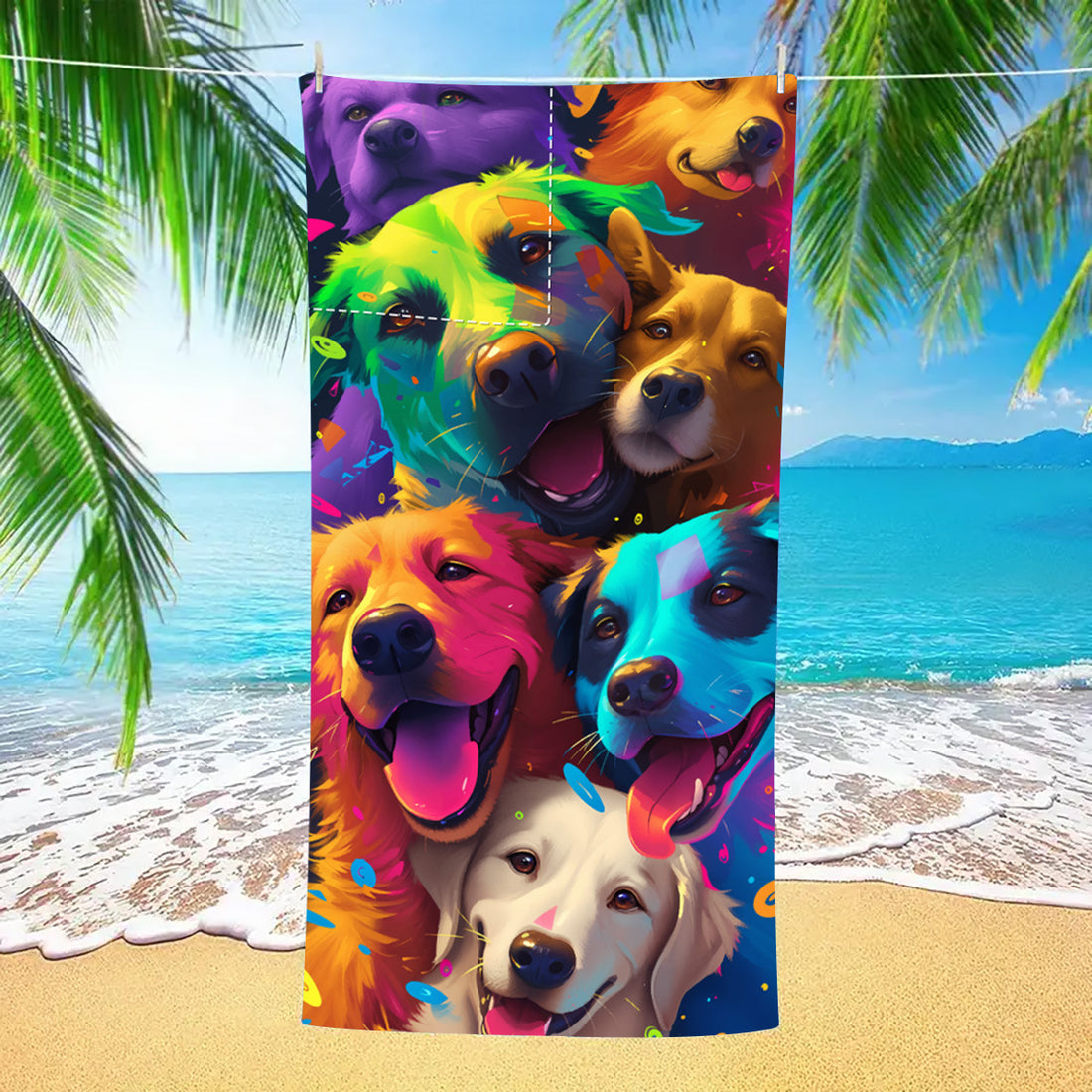 Rainbow Dog Drawstring beach towel | PRUSES