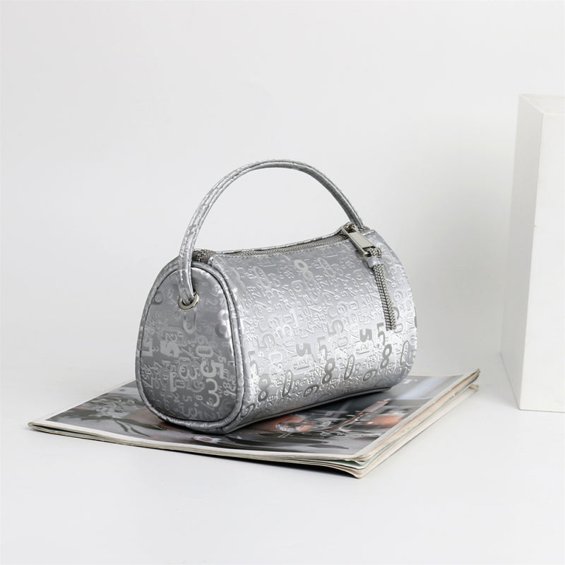 Silver Digital Logo Cylindrical Zipper Boston Handbags