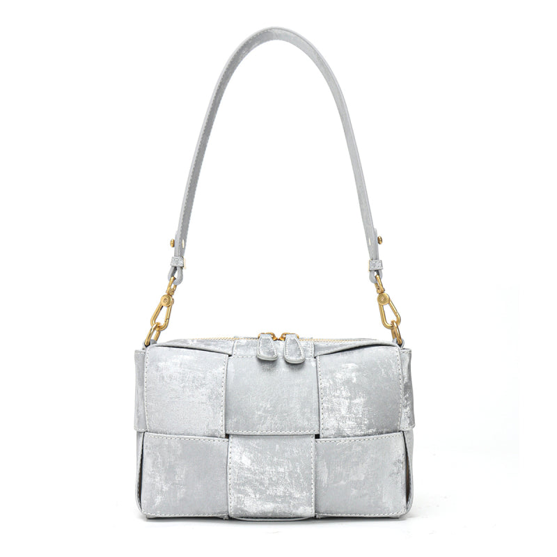 Silver Woven Leather Zipper Shoulder Square Handbags