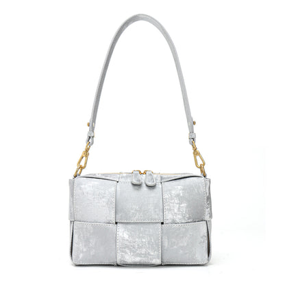 Silver Woven Leather Zipper Shoulder Square Handbags