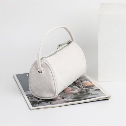 White  Digital Logo Cylindrical Zipper Boston Handbags