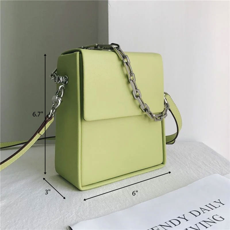 Green Summer Leather Crossbody Box Bag Purse with Silver Chain| PRUSES