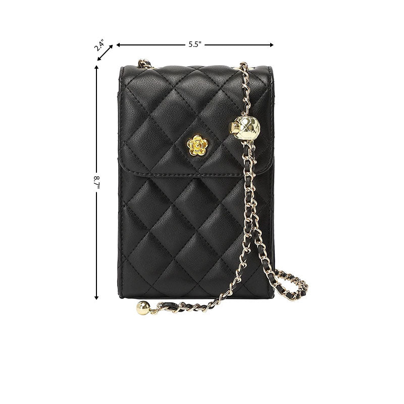 Black Leather Quilted Chain Shoulder Mini Bags Cellphone Pouch| PRUSES