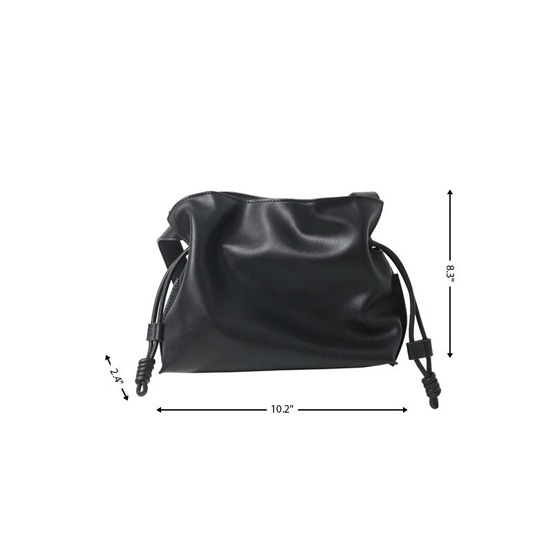 Black Leather Draw Sting Shoulder Bag| PRUSES