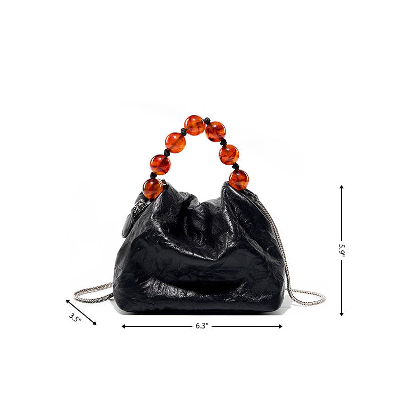 Black Leather Beads Handle Shoulder Mini Bags| PRUSES