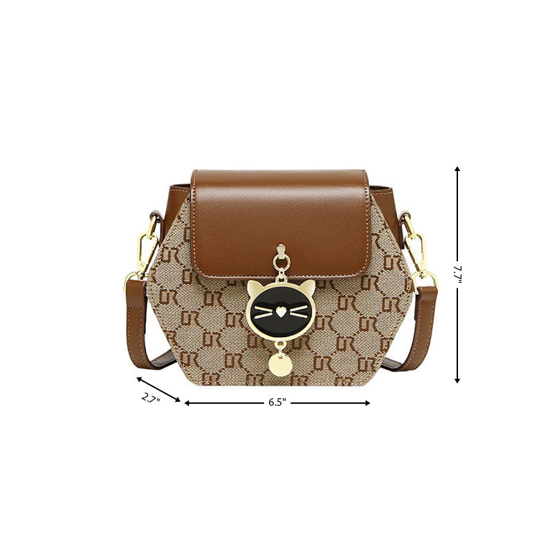 Brown Leather Letter Graphic Shoulder Bag Mini Crossbody Bags with Cat Charm| PRUSES