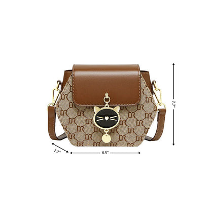 Brown Leather Letter Graphic Shoulder Bag Mini Crossbody Bags with Cat Charm| PRUSES